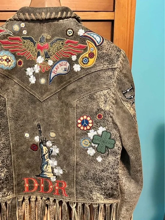 Rare Double D Ranch leather fringe jacket embroidered statue of Liberty eagle M - Picture 7 of 16